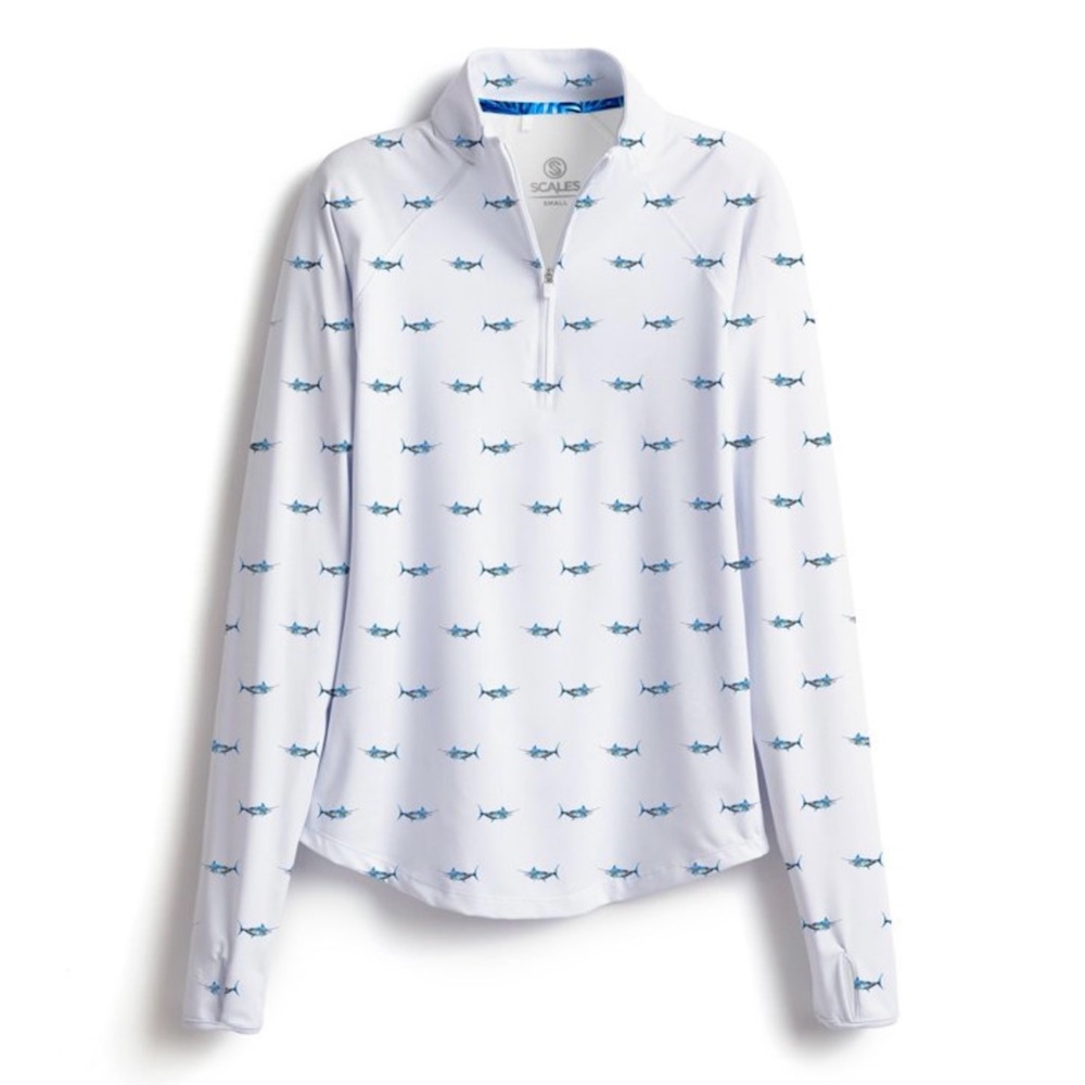 Scales White Long-Sleeve Quarter-Zip Tee with Blue Fish Print